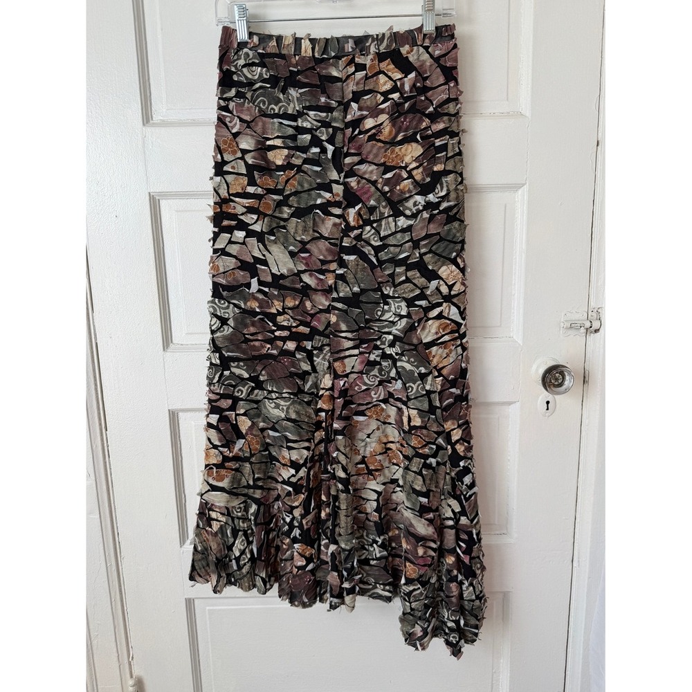 Vintage Y2K Mosaic Patchwork Maxi Skirt Asymmetrical Raw Hem Earth Tone Boho - Picture 9 of 13